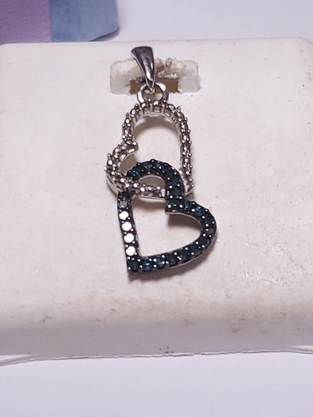 Estate .15ctw Blue Diamond Double Dangle Heart Sterling Silver 925 Pendant#25138